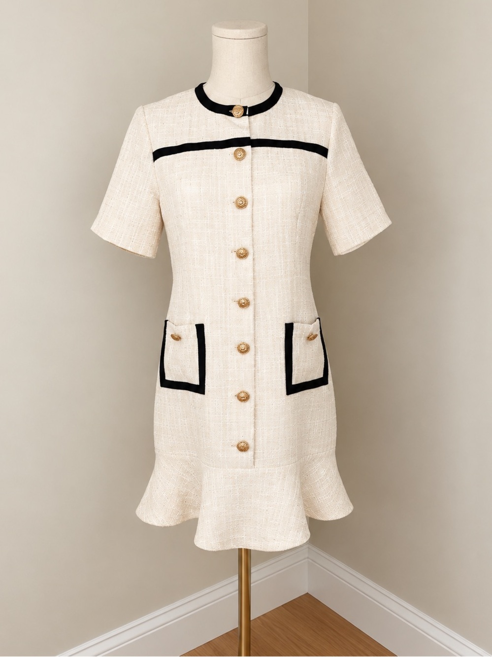 Commense Cream Bouclé Short-Sleeve Dress with Black Trim
